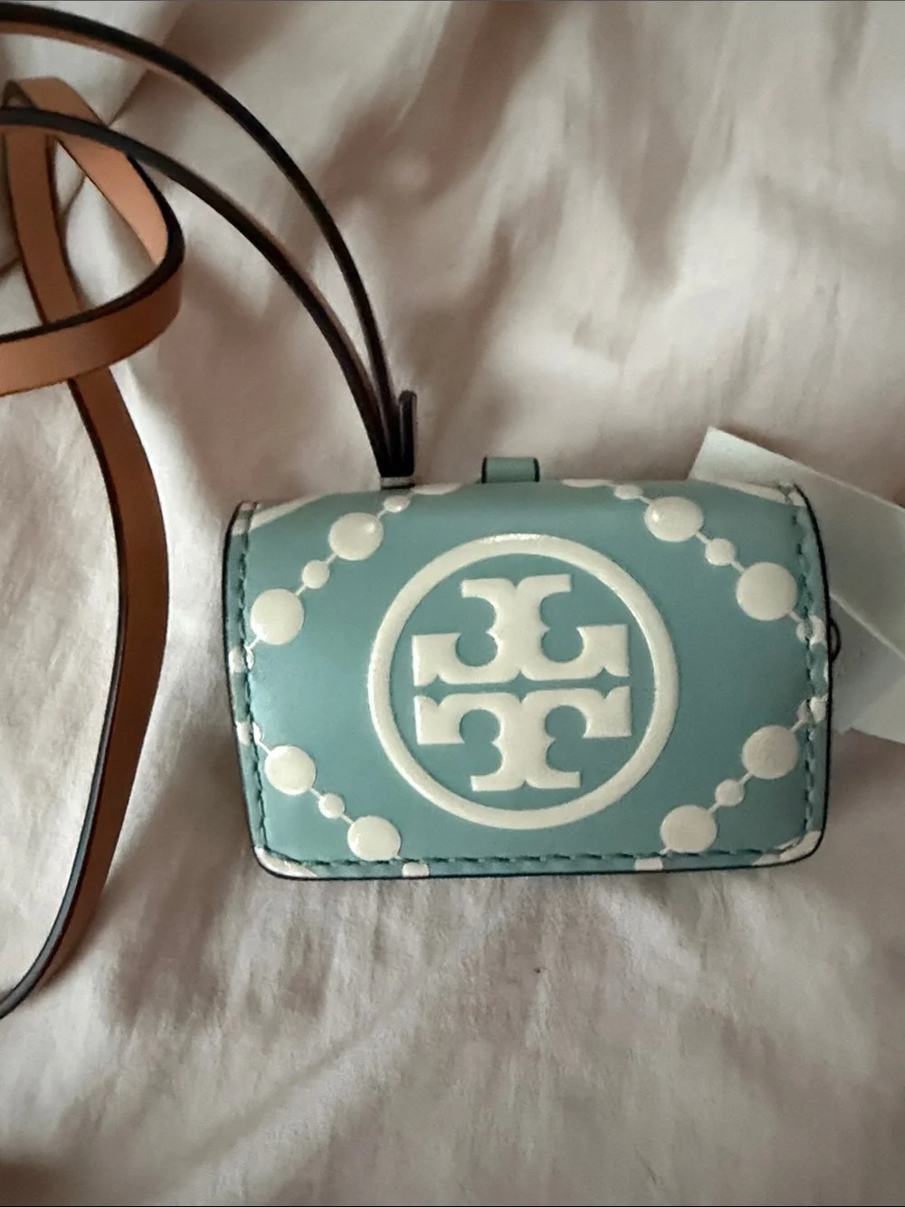 Tory Burch AirPods case Pale Blue Logo Mini Crossbody Card Case with Tan Strap